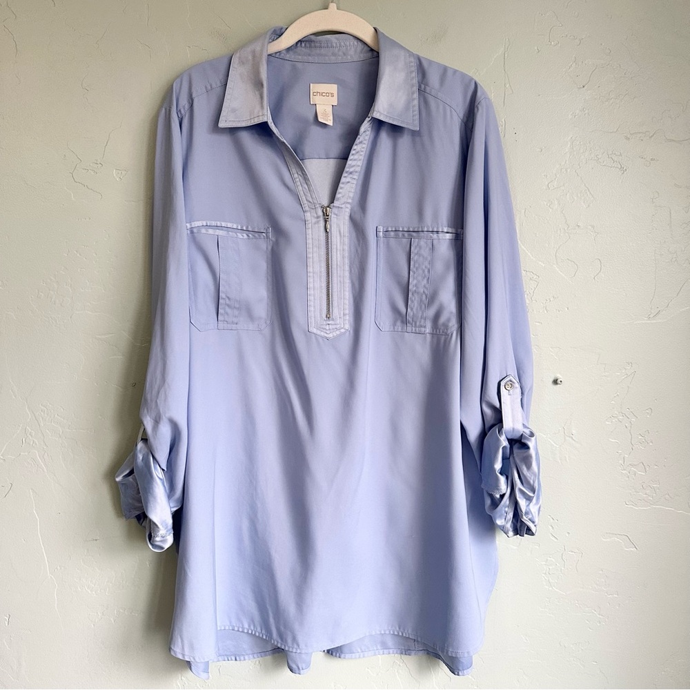 Chico's Women’s Blue Satin Trim Roll Tab Sleeves Blouse Zipper V-Neck XL 16 EUC